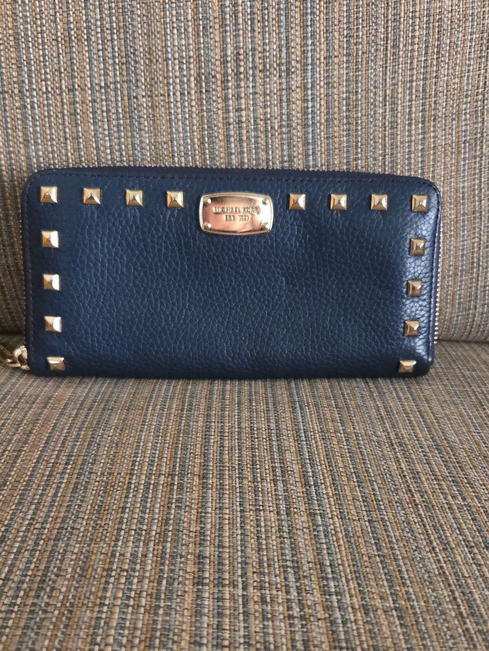 Michael Kors Dark Navy Leather Zip Wallet with Gold Stud Accents